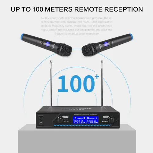 Vista 3 de G-MARK Micrófono inalámbrico G210V, sistema de micrófono dinámico inalámbrico VHF profesional dual de metal para karaoke, reuniones, fiestas