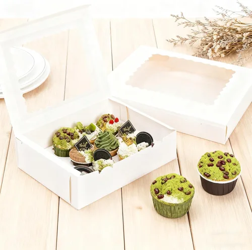 Vista 6 de Jucoan Paquete de 20 cajas para cupcakes, 12 unidades, recipientes de papel blanco para cupcakes con insertos y ventana, contenedor de panadería
