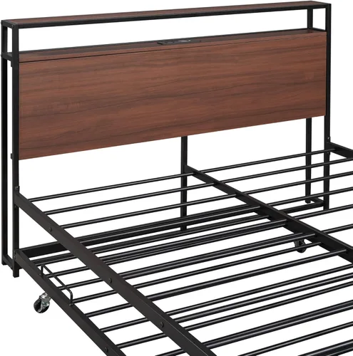 Vista 6 de Harper & Bright Designs Cama de plataforma matrimonial con nido de tamaño individual, puertos USB y soporte de listones de acero, marco de cama