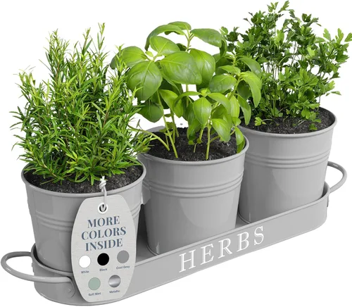 Vista 12 de Barnyard Designs - Juego de macetas para jardín de hierbas de interior con bandeja, macetas de metal para alféizar con drenaje para plantas de Negro