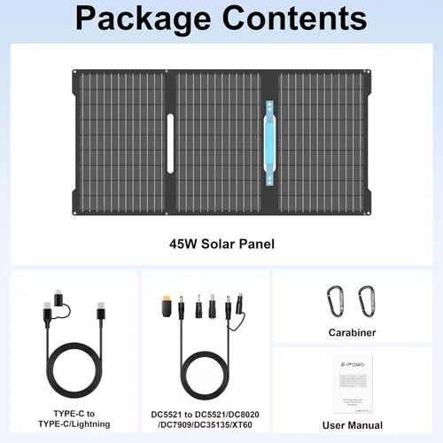Vista 8 de Cargadores de paneles solares portátiles de 45 W con salidas USB-C, USB-A y CC, panel solar impermeable IP67 plegable para camping, emergencia