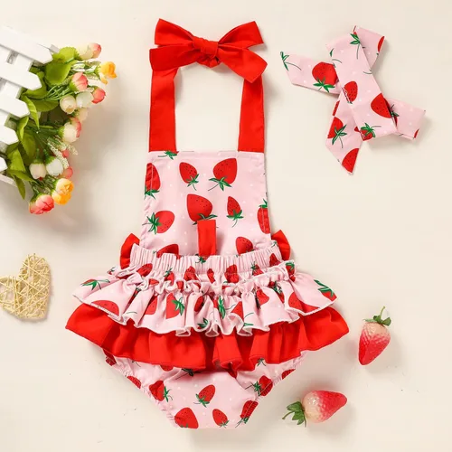 Vista 5 de GRNSHTS Mameluco con volantes para bebés y niñas pequeñas, sin mangas, con cuello halter y diadema, ropa de verano
