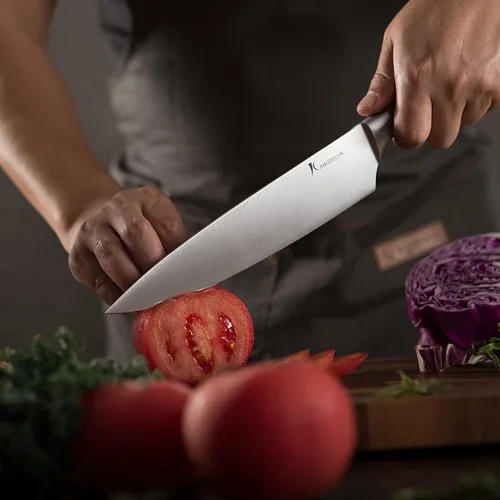 Vista 6 de kangdelun Ultra Sharp - Juego de cuchillos de chef de 4 piezas, acero inoxidable de alto carbono, asas de madera de fresno marrón torreficado, caja