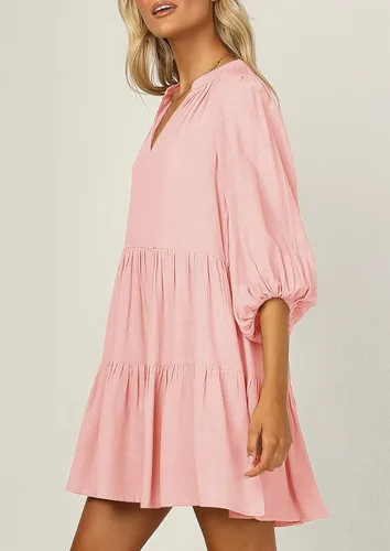 Vista 2 de goforparis Minivestido con volantes y mangas abullonadas 34 para mujer cuello en V plisado liso con bolsillos