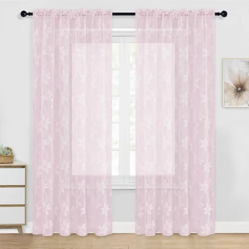 Vista 57 de DWCN Cortinas traslúcidas para cocina, bolsillo para barra de encaje floral beige, 52 x 36 pulgadas, 2 paneles Encaje Beige