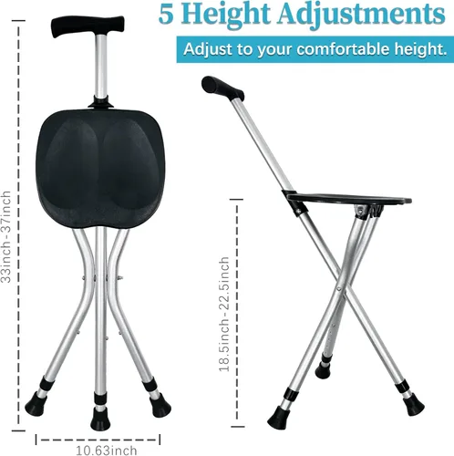 Vista 6 de Bastón plegable ajustable portátil con asiento que permite durabilidad al caminar y comodidad para sentarse, silla muleta de aleación, bastón