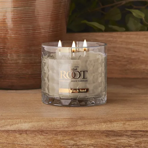 Vista 2 de Root Candles Velas perfumadas de mezcla de cera de abeja con panal de abeja hecha a mano, 12 onzas, 3 mechas, niebla de sal y arena