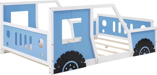 Vista 142 de Cama de plataforma en forma de auto de carreras de tamaño individual con ruedas, marco de cama de plataforma de madera con dos asientos y soporte