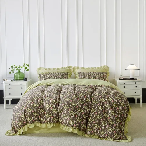 Vista 9 de YuHeGuoJi Juego de funda de edredón botánica dorada, tamaño Queen, 100 % algodón, 3 piezas, 1 funda de edredón floral caqui con cremallera y lazos