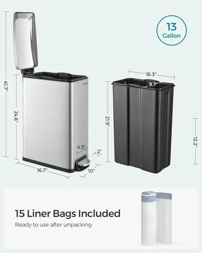 Vista 6 de SONGMICS Bote de basura delgado, 13 galones (50 L) Bote de basura para espacios estrechos con tapa de cierre suave, cubo interior y pedal de pie