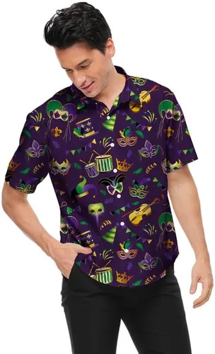 Vista 5 de Camisa de Mardi Gras para hombre, día de San Patricio, día de San Valentín, manga corta, con botones, hawaiana
