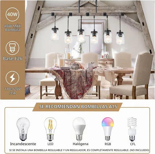 Vista 3 de Iluminación de isla de cocina de granja, candelabro de tarro de masón, candelabro rústico lineal de 6 luces, lámpara colgante de 30 pulgadas