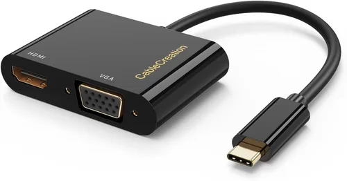 Vista 7 de CableCreation - Adaptador USB C a HDMI + VGA; adaptador USB tipo C (compatible con Thunderbolt 3) a HDMI 4K + VGA, compatible con MacBook Negro