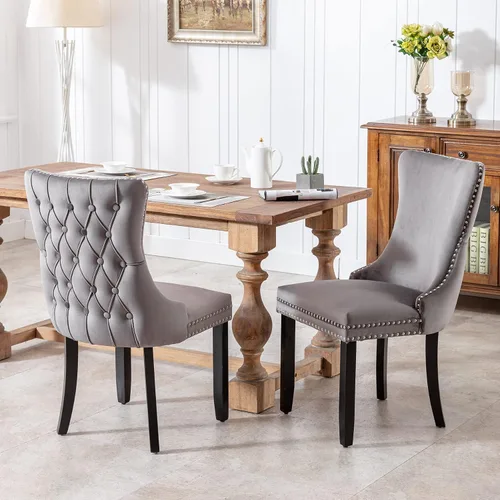 Vista 24 de mikibama Juego de 2 sillas de comedor tapizadas de terciopelo con respaldo de ala, sillas de comedor con patas de madera maciza con botón de cabeza