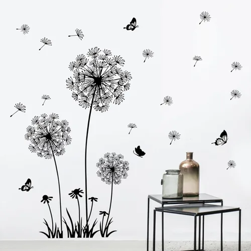 Vista 10 de Juego de 2 calcomanías de pared de flores silvestres de diente de león, calcomanías de arte para pared, diseño de mariposas florales, decoración