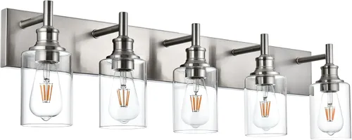 Vista 14 de 4 luces de tocador de baño, níquel cepillado, accesorios de iluminación de baño sobre espejo con vidrio transparente, aplique de pared industrial