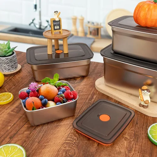 Vista 6 de 2 recipientes de acero inoxidable para almacenamiento de alimentos (50 onzas + 33 onzas) con tapas, a prueba de fugas y herméticos, recipientes