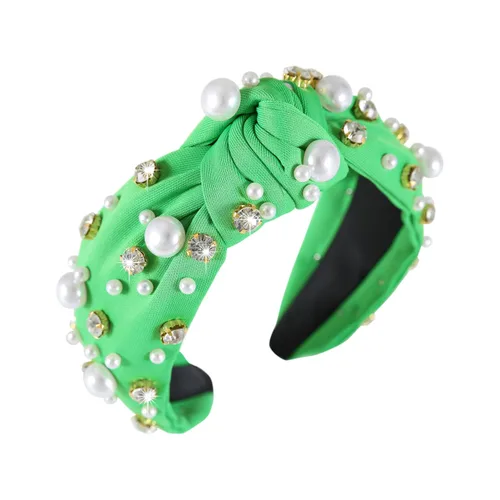 Vista 18 de Diadema anudada de perlas para mujer, diadema con brillantes diamantes de imitación, adornada con cristales, diadema ancha con nudo, accesorio
