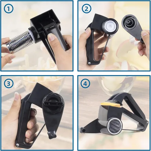 Vista 4 de Rallador de Queso con Asa, Rallador Giratorio de Queso, para Verduras, Chocolate, Queso Duro y Frutos Secos, Negro