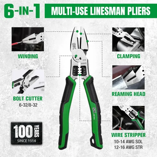 Vista 3 de SK Alicates Linesman multiusos de 8 pulgadas, 6 en 1, construcción de acero CR-V premium, mango ergonómico antideslizante para un agarre cómodo