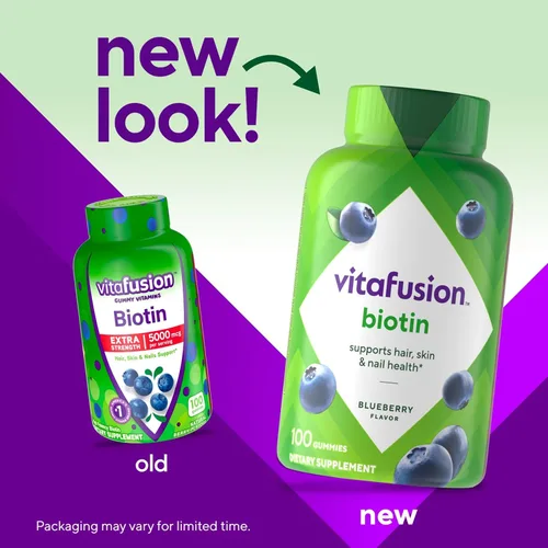 Vista 2 de vitafusion Vitaminas gomosas de biotina extra fuertes, sabor a bayas, 5,000 mcg de vitaminas de biotina, marca de vitaminas gomosas número 1