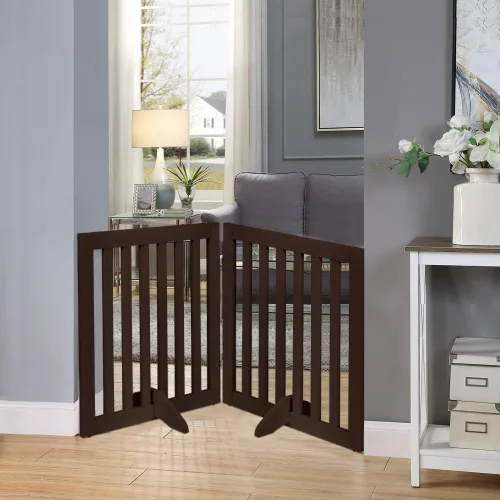 Vista 3 de unipaws Puerta para mascotas independiente de 24" de altura para perro y gato, puertas de madera para perros para entrada, escaleras, valla plegable