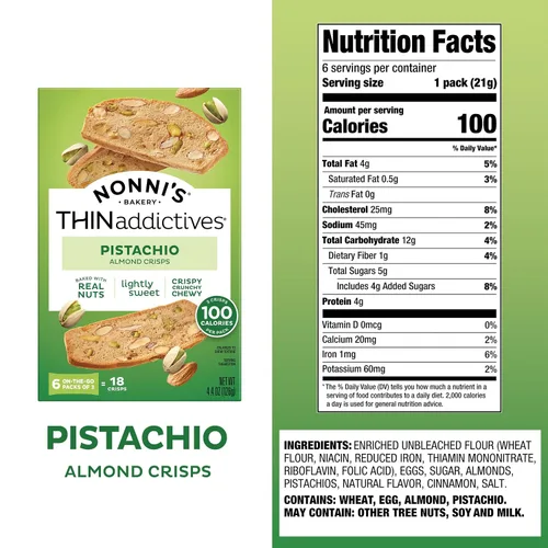 Vista 3 de Nonni's THINaddictives - Galletas finas de almendra, 6 cajas de galletas de pistacho y almendras finas, galletas de almendras dulces crujientes