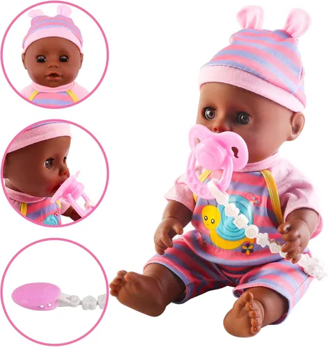 Vista 7 de deAO Juego de muñecas de bebé negras con cuna, juego de 21 piezas para silla alta móvil, accesorios de alimentación para cochecito