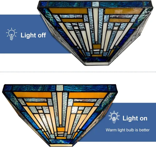 Vista 4 de Capulina Tiffany - Lámpara de pared de vidrieras de 2 luces de 12 pulgadas de ancho azul ámbar antiguo estilo Tiffany para pasillo, escalera