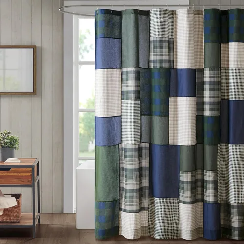 Vista 12 de Woolrich Winter Hills - Cortina de ducha 100% algodón, diseño a cuadros de cabaña, decoración de baño de granja, lavable a máquina, pantalla de Azul