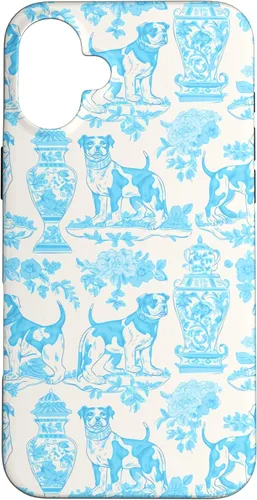 Vista 22 de iPhone 16 Chinoiserie Dog Toile Preppy Grandmillennial Aqua Cream Case