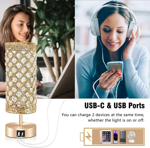 Vista 3 de Lámpara de mesa de cristal, lámpara de escritorio dorada con control táctil, para mujer, decoración de dormitorio, 2 puertos USB, mesita de noche