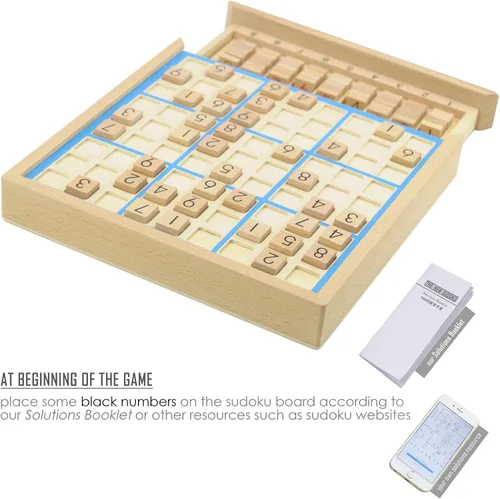 Vista 5 de KAILIMENG Juego de mesa Sudoku de madera con cajón, rompecabezas de madera de 81 rejillas para niños y adultos (línea azul)