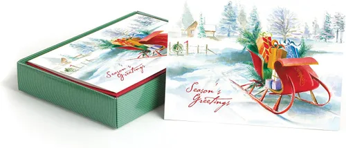 Canopy Street Obra maestra de tarjetas navideñas de trineo / Juego de 16 tarjetas de fiesta en caja con sobres rojos a juego / Tarjetas navideñas de
