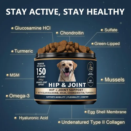 Vista 3 de Glucosamina para perros – 150 masticables suaves, suplemento de cadera y articulaciones con MSM, condroitina, cúrcuma – Soporte articular