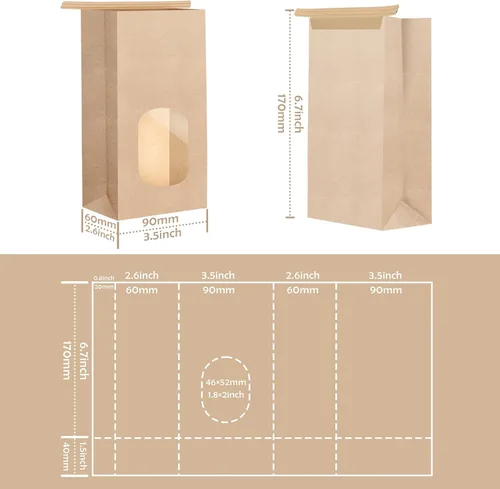 Vista 2 de 250 Pcs Bakery Bags with Window Small Kraft Paper 3.54 x 2.36 x 6.7 Inch Cookie Treat Tin Tie Tab Lock Brown for Coffee Food Candy Gift Packaging