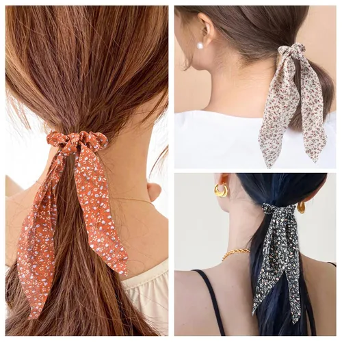 Vista 7 de 5 lazos para el pelo clásicos de gasa con lazo floral, elegantes coleteros para el cabello, bandas largas para cola de caballo, bandas