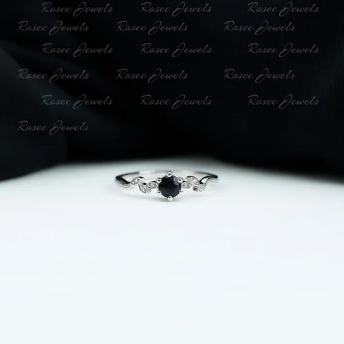Vista 2 de Anillo de promesa de ónix negro natural con diamante para mujer, anillo de hoja de cuentas Calidad AAA