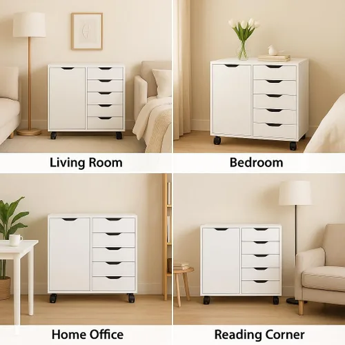 Vista 176 de Naomi Home Cómoda de 5 cajones para dormitorio, alta y elegante, con ruedas y estantes de almacenamiento, pequeña para guardarropa, para maquillaje