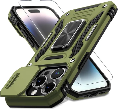 Vista 20 de DEERLAMN Funda para iPhone Xs Max con funda deslizante para cámara + protector de pantalla, soporte giratorio de anillo de grado militar a prueba