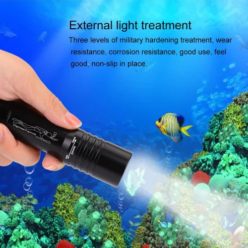 Vista 3 de Linterna subacuática LED, 1200LM T6 LED buceo fotografía luz de relleno con cordón, enfoque ajustable, iluminación submarina impermeable 50M