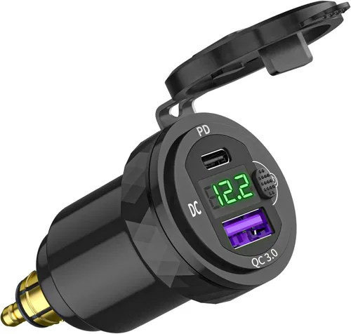 Vista 10 de Cllena DIN Hella Plug to Dual QC 3.0 Cargador USB Adaptador de corriente con voltímetro e interruptor de encendido/apagado para BMW Ducati Triumph