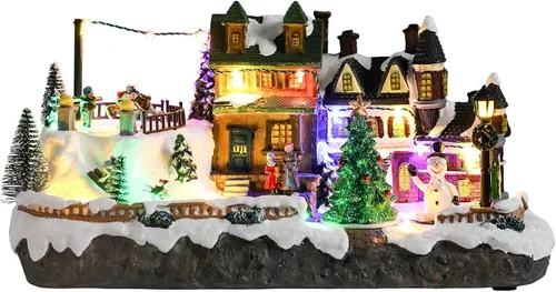 Vista 9 de Vipush Decoraciones de Casa de Pueblo Navideño de Resina Juego de Tren con Papá Noel Volador Decoración del Hogar Interior Figuras de Edificios Tren