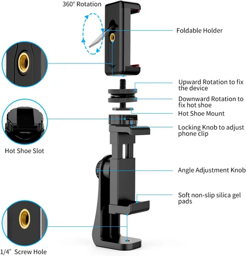 Vista 4 de Owine Adaptador universal de trípode para teléfono celular, abrazadera premium para smartphone, compatible con iPhone, Samsung Galaxy, Note, Lg