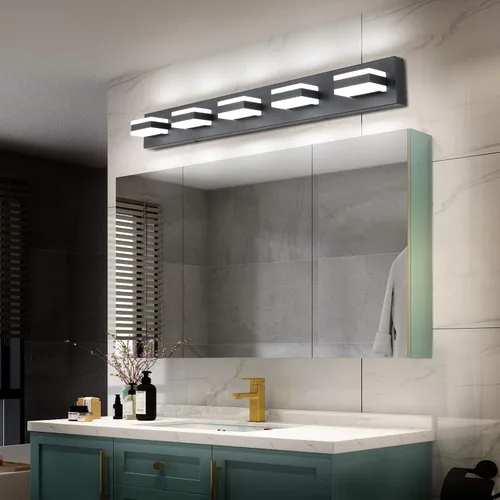 Vista 6 de SOLFART Luces de tocador de baño negras regulables LED modernas sobre el espejo, iluminación de baño negra para la pared del baño S8568 (5 luces)