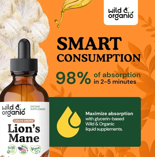 Vista 4 de Wild & Organic Gotas líquidas de melena de leones, apoyo para el cerebro y la concentración, suplemento de hongo melena de león - Gotas de hongo