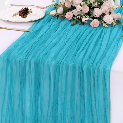 Camino de mesa de gasa azul de 10 pies, estilo bohemio, rústico, transparente, de 120 pulgadas, decoración de mesa de gasa para despedida de