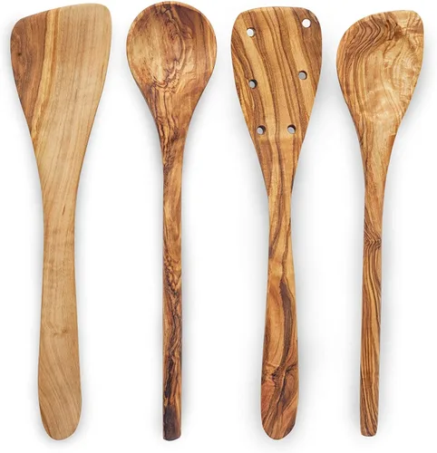 Forest Decor Juego de utensilios de madera de olivo para cocinar, 4 espátulas de madera antiadherentes hechas a mano para utensilios de cocina