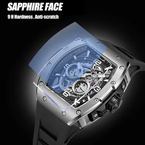 Vista 5 de HEMUDU Tonneau - Reloj mecánico automático para hombre, esqueleto de lujo, 50M, impermeable, ajustable, correa de silicona, reloj de negocios