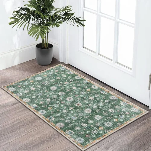 Alfombra de entrada lavable de 2 x 3 pulgadas, alfombra de área verde pequeña antideslizante con parte trasera de goma para puerta de entrada